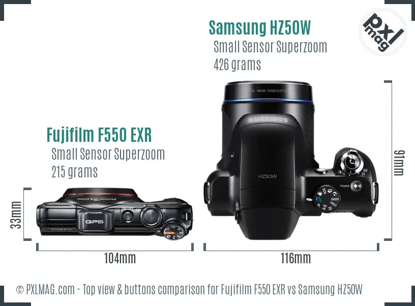Fujifilm F550 EXR vs Samsung HZ50W top view buttons comparison