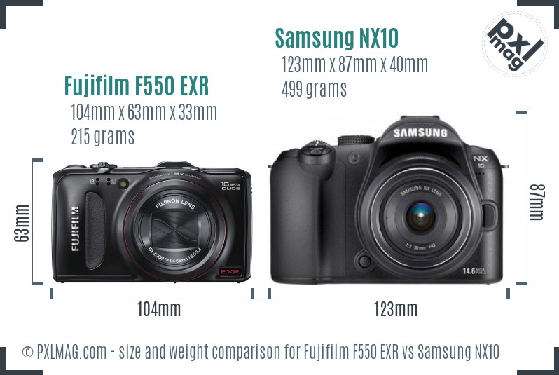 Fujifilm F550 EXR vs Samsung NX10 size comparison