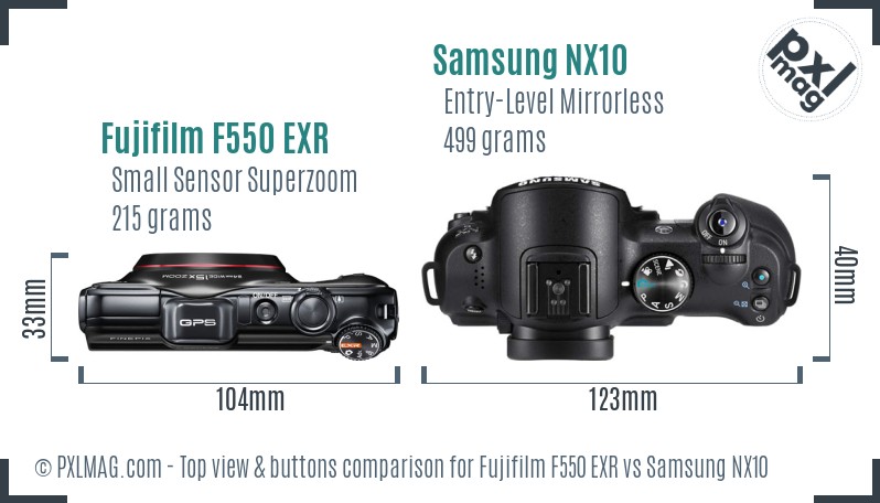 Fujifilm F550 EXR vs Samsung NX10 top view buttons comparison