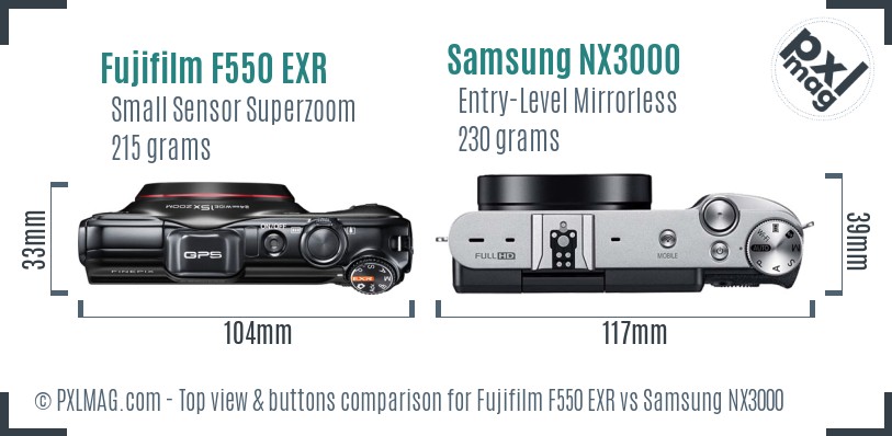 Fujifilm F550 EXR vs Samsung NX3000 top view buttons comparison