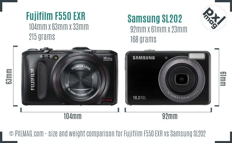 Fujifilm F550 EXR vs Samsung SL202 size comparison