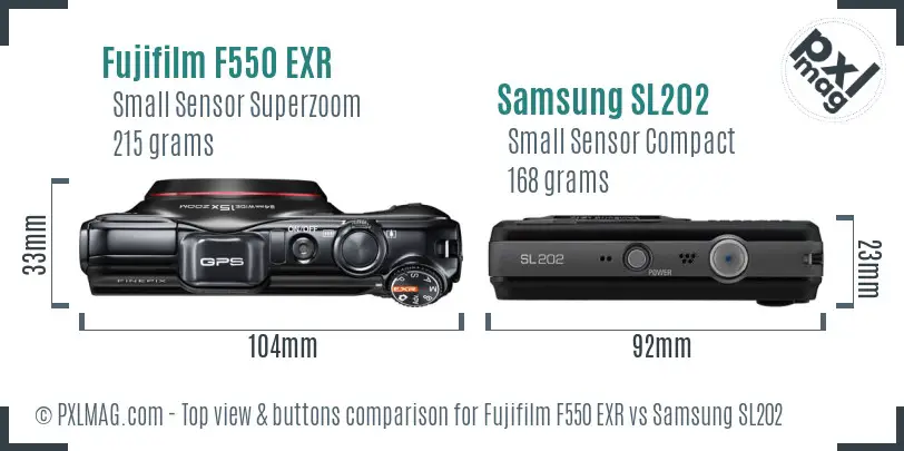 Fujifilm F550 EXR vs Samsung SL202 top view buttons comparison