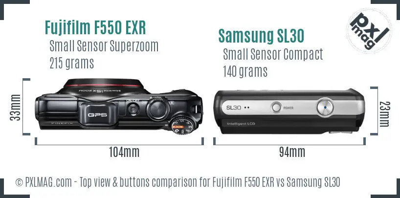 Fujifilm F550 EXR vs Samsung SL30 top view buttons comparison Fujifilm F550 EXR vs Samsung SL30 top view buttons comparison