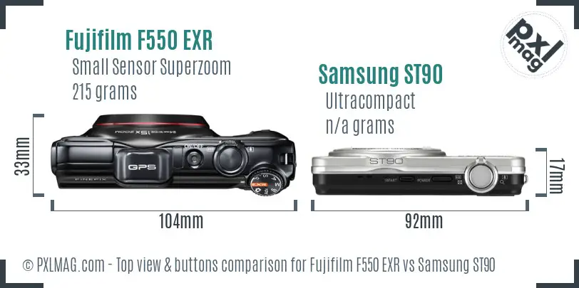 Fujifilm F550 EXR vs Samsung ST90 top view buttons comparison Fujifilm F550 EXR vs Samsung ST90 top view buttons comparison