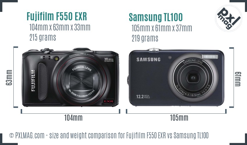 Fujifilm F550 EXR vs Samsung TL100 size comparison