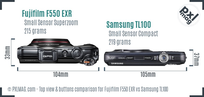 Fujifilm F550 EXR vs Samsung TL100 top view buttons comparison