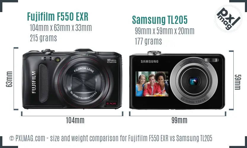 Fujifilm F550 EXR vs Samsung TL205 size comparison