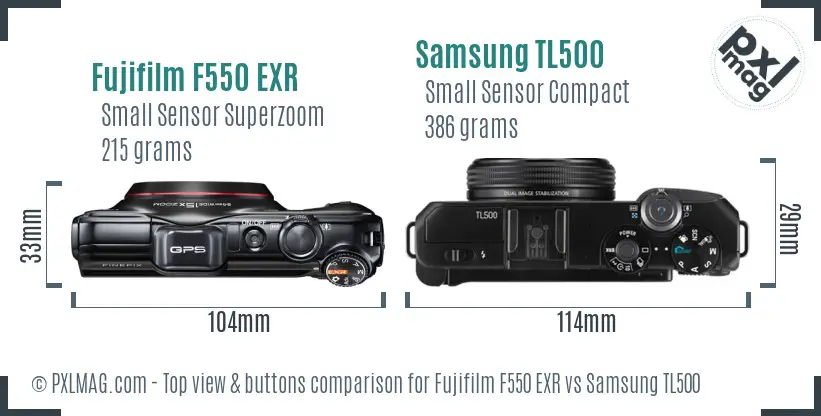 Fujifilm F550 EXR vs Samsung TL500 top view buttons comparison Fujifilm F550 EXR vs Samsung TL500 top view buttons comparison