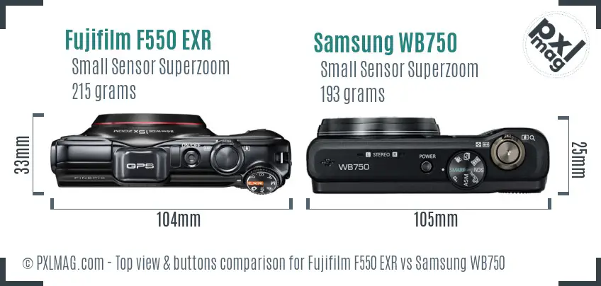 Fujifilm F550 EXR vs Samsung WB750 top view buttons comparison Fujifilm F550 EXR vs Samsung WB750 top view buttons comparison
