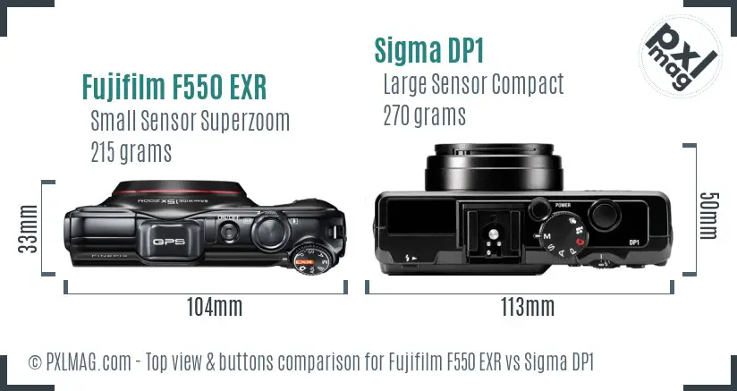 Fujifilm F550 EXR vs Sigma DP1 top view buttons comparison