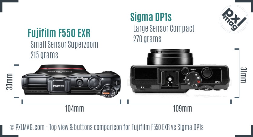Fujifilm F550 EXR vs Sigma DP1s top view buttons comparison