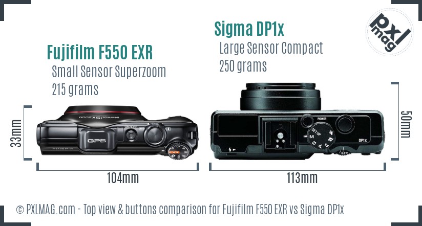 Fujifilm F550 EXR vs Sigma DP1x top view buttons comparison