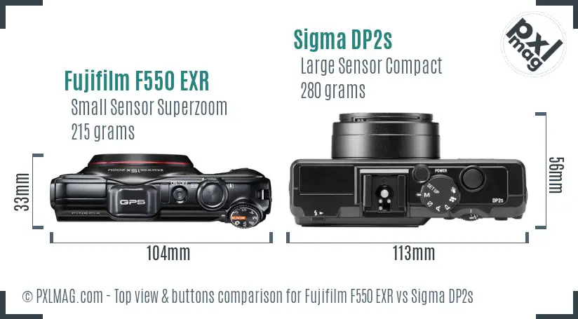 Fujifilm F550 EXR vs Sigma DP2s top view buttons comparison