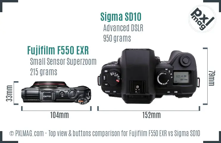 Fujifilm F550 EXR vs Sigma SD10 top view buttons comparison Fujifilm F550 EXR vs Sigma SD10 top view buttons comparison