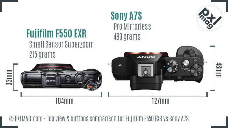 Fujifilm F550 EXR vs Sony A7S top view buttons comparison