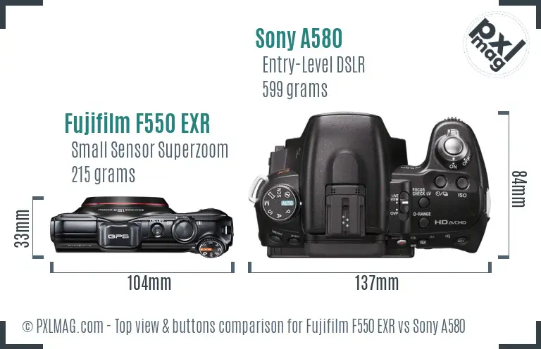 Fujifilm F550 EXR vs Sony A580 top view buttons comparison