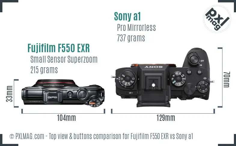 Fujifilm F550 EXR vs Sony a1 top view buttons comparison