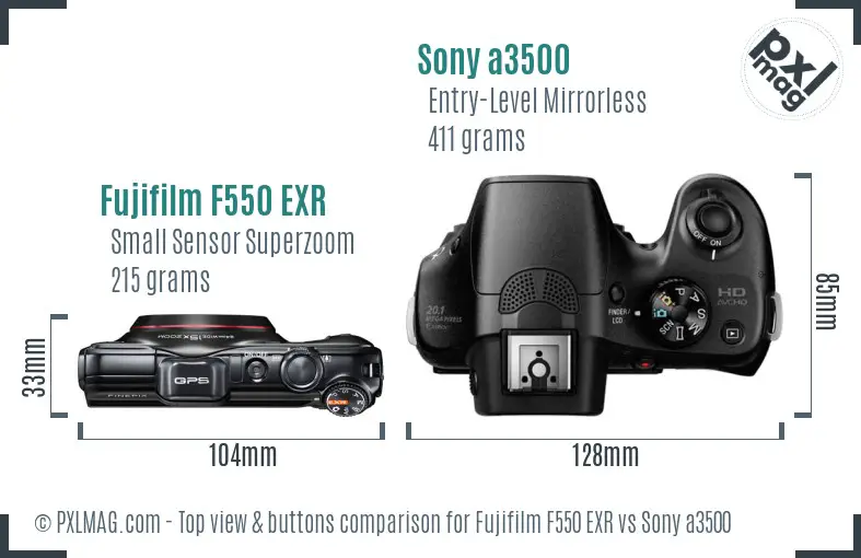 Fujifilm F550 EXR vs Sony a3500 top view buttons comparison