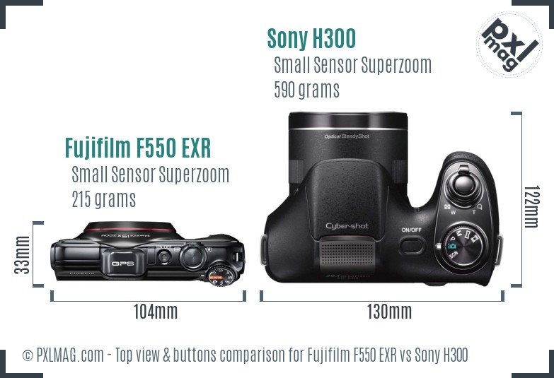 Fujifilm F550 EXR vs Sony H300 top view buttons comparison