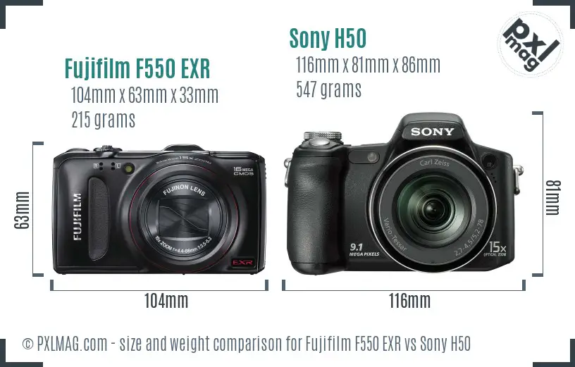 Fujifilm F550 EXR vs Sony H50 size comparison
