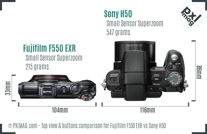 Fujifilm F550 EXR vs Sony H50 top view buttons comparison