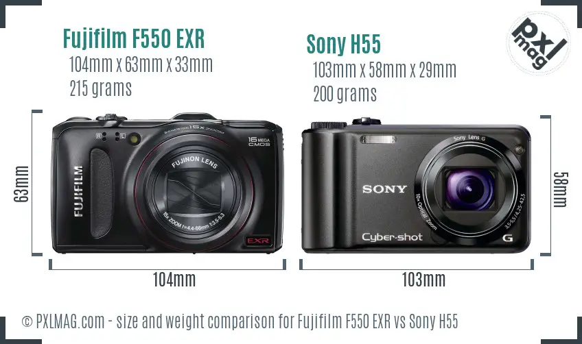 Fujifilm F550 EXR vs Sony H55 size comparison