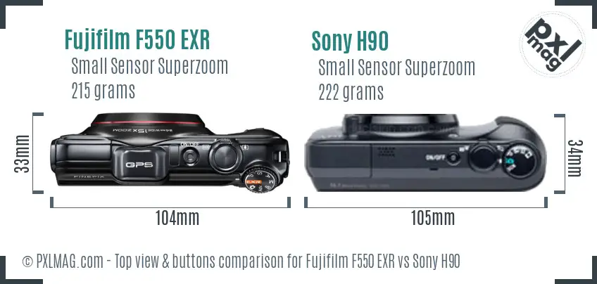 Fujifilm F550 EXR vs Sony H90 top view buttons comparison Fujifilm F550 EXR vs Sony H90 top view buttons comparison