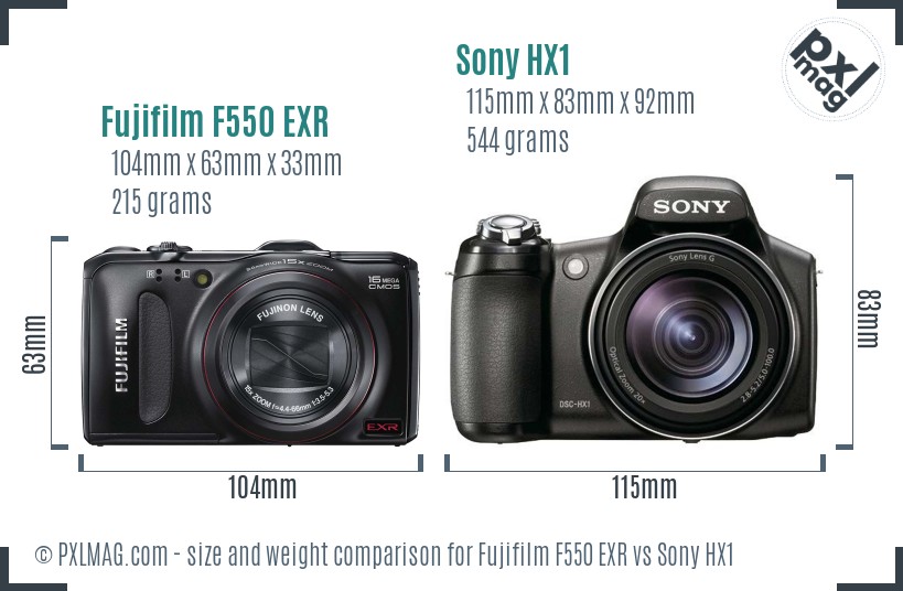 Fujifilm F550 EXR vs Sony HX1 size comparison