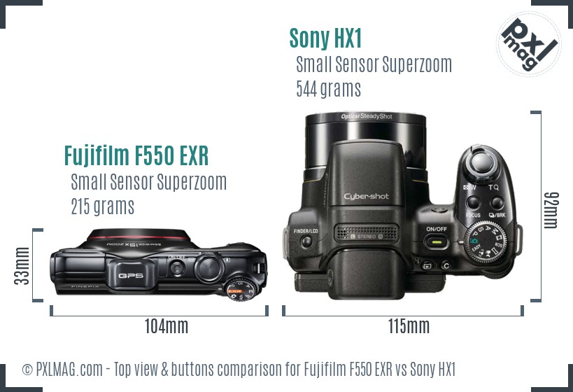 Fujifilm F550 EXR vs Sony HX1 top view buttons comparison