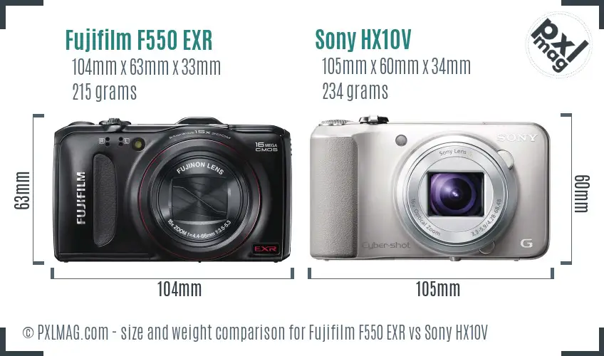 Fujifilm F550 EXR vs Sony HX10V size comparison