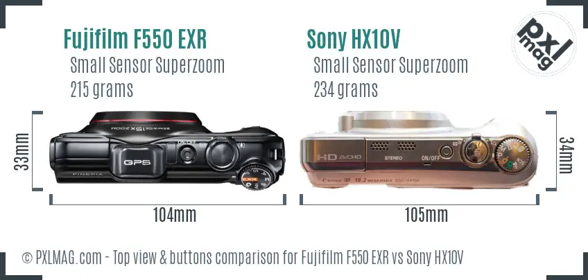 Fujifilm F550 EXR vs Sony HX10V top view buttons comparison