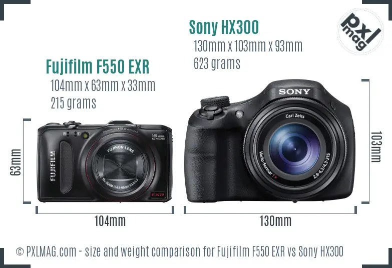 Fujifilm F550 EXR vs Sony HX300 size comparison