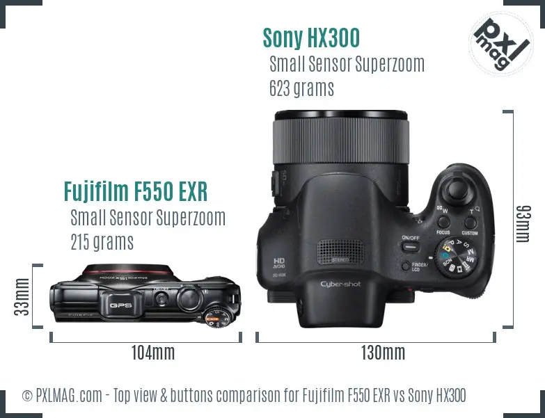 Fujifilm F550 EXR vs Sony HX300 top view buttons comparison