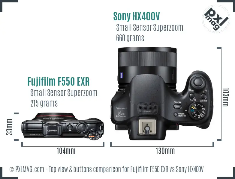 Fujifilm F550 EXR vs Sony HX400V top view buttons comparison Fujifilm F550 EXR vs Sony HX400V top view buttons comparison