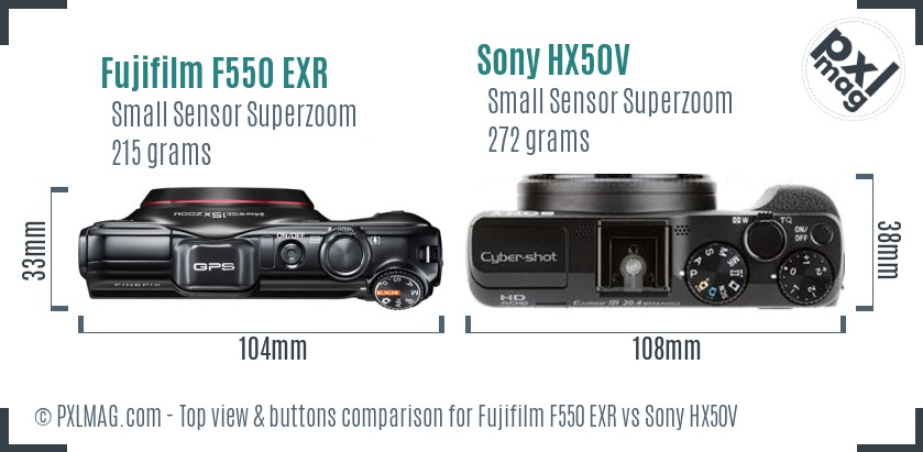Fujifilm F550 EXR vs Sony HX50V top view buttons comparison