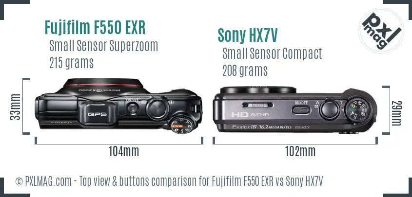 Fujifilm F550 EXR vs Sony HX7V top view buttons comparison Fujifilm F550 EXR vs Sony HX7V top view buttons comparison