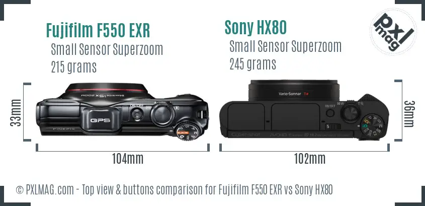 Fujifilm F550 EXR vs Sony HX80 top view buttons comparison Fujifilm F550 EXR vs Sony HX80 top view buttons comparison