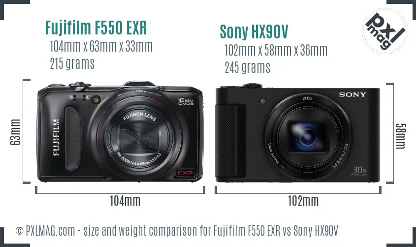 Fujifilm F550 EXR vs Sony HX90V size comparison