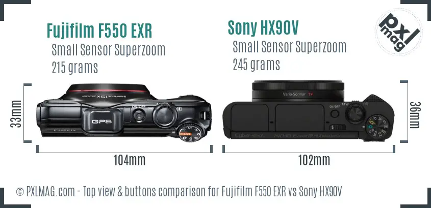 Fujifilm F550 EXR vs Sony HX90V top view buttons comparison