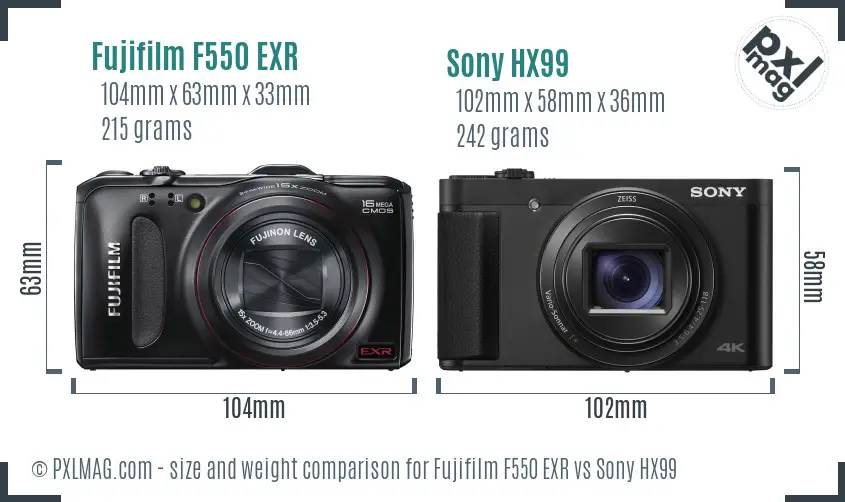 Fujifilm F550 EXR vs Sony HX99 size comparison