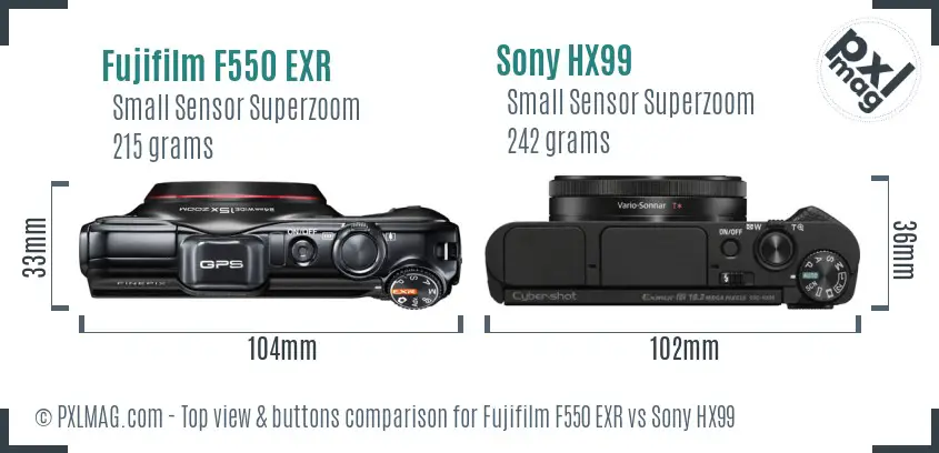 Fujifilm F550 EXR vs Sony HX99 top view buttons comparison