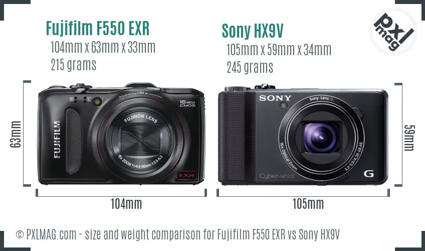 Fujifilm F550 EXR vs Sony HX9V size comparison
