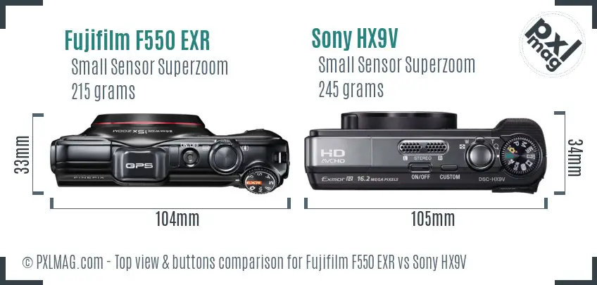 Fujifilm F550 EXR vs Sony HX9V top view buttons comparison