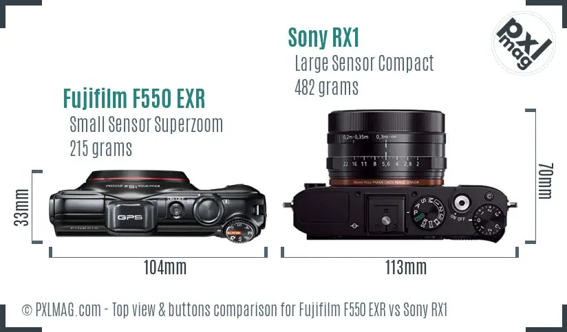 Fujifilm F550 EXR vs Sony RX1 top view buttons comparison
