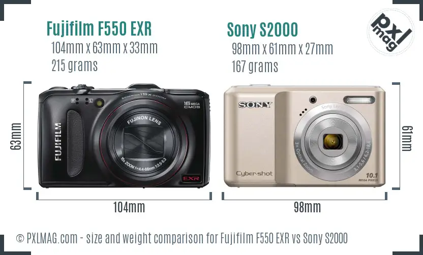 Fujifilm F550 EXR vs Sony S2000 size comparison