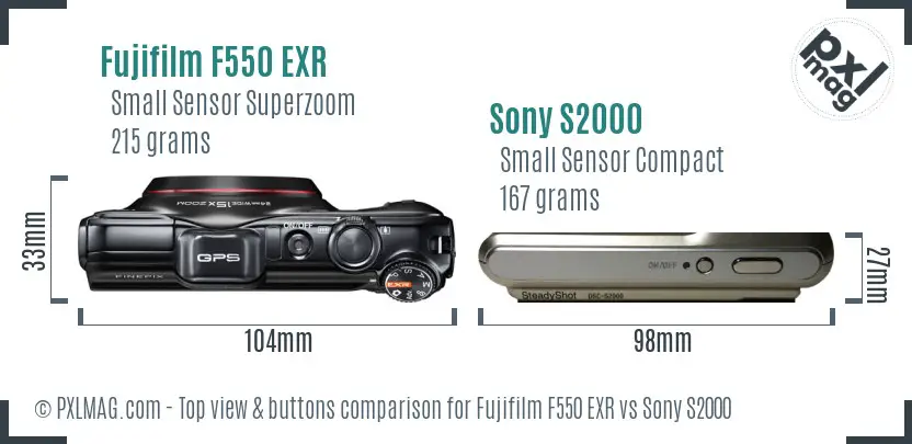 Fujifilm F550 EXR vs Sony S2000 top view buttons comparison