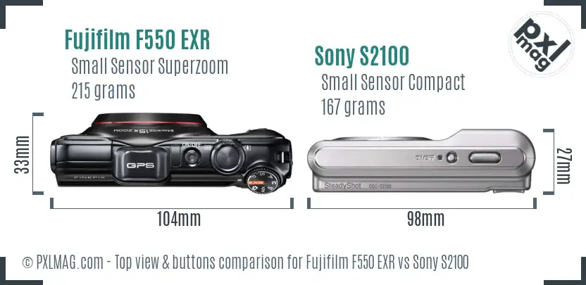 Fujifilm F550 EXR vs Sony S2100 top view buttons comparison Fujifilm F550 EXR vs Sony S2100 top view buttons comparison