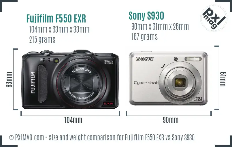 Fujifilm F550 EXR vs Sony S930 size comparison