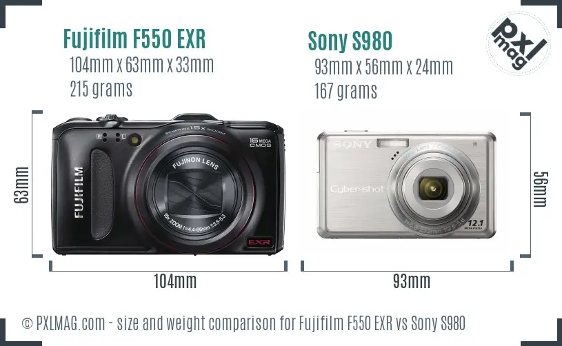 Fujifilm F550 EXR vs Sony S980 size comparison