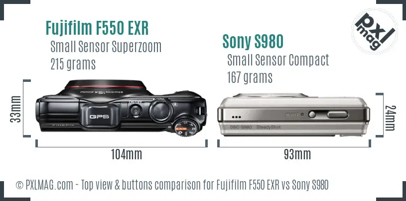 Fujifilm F550 EXR vs Sony S980 top view buttons comparison